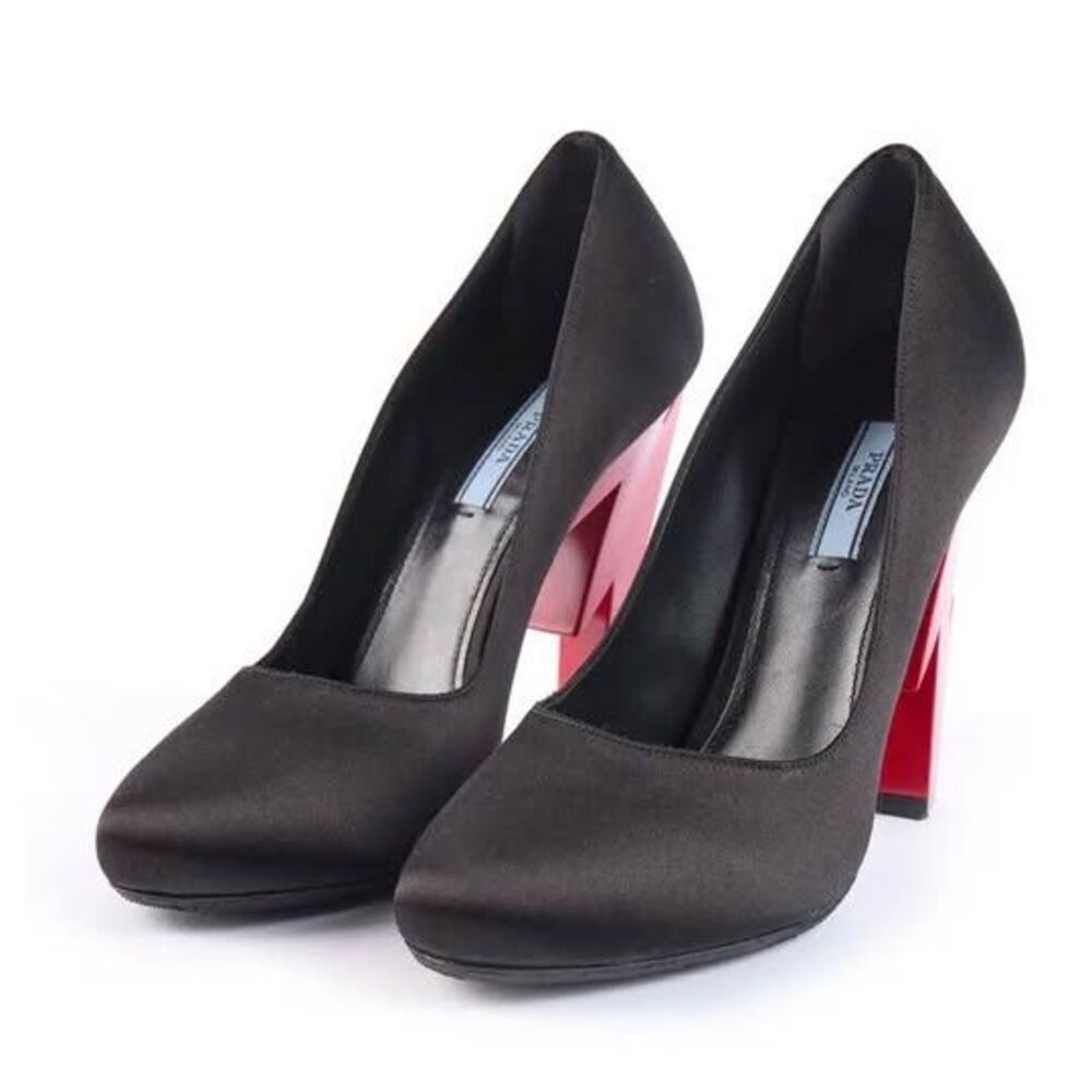 Prada Black Satin Pumps with Red Lightning Bolt Heels Women's Shoes Size 36 - Picture 2 of 9